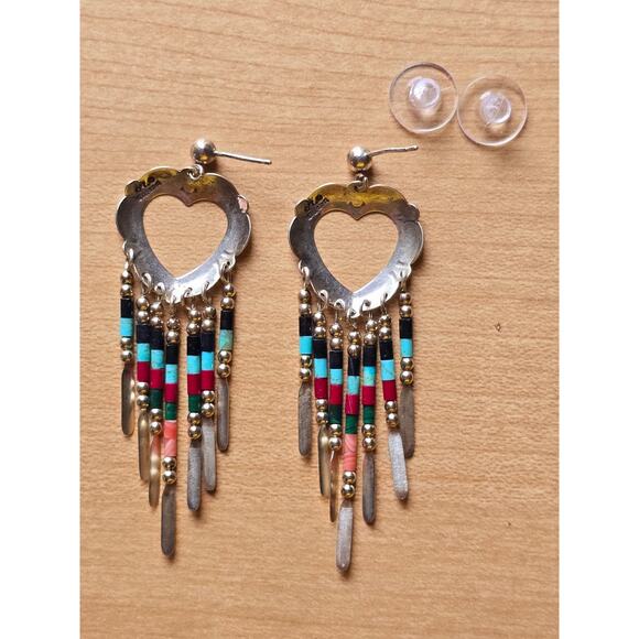 QT Quoc Turquoise Sterling Sliver Southwestern Heart Concho Drop Earrings - Picture 2 of 5